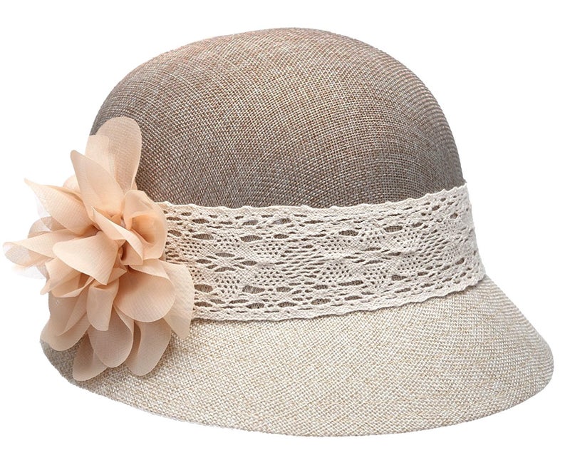 Women's Gatsby Linen Cloche Hat with Lace Band and Flower (CL2265NATURAL-TWO-TONED)